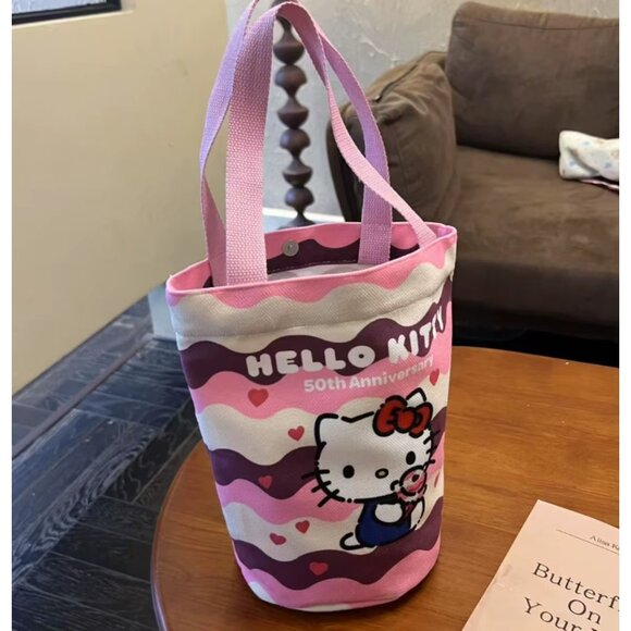 Hello Kitty 50th Anniversary Bucket Tote Bag – Cute Canvas Handbag, Pink Cartoon - Picture 3 of 3